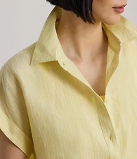 Lauren Ralph Lauren Linen Stripe Point Collar Short Sleeve Shirt