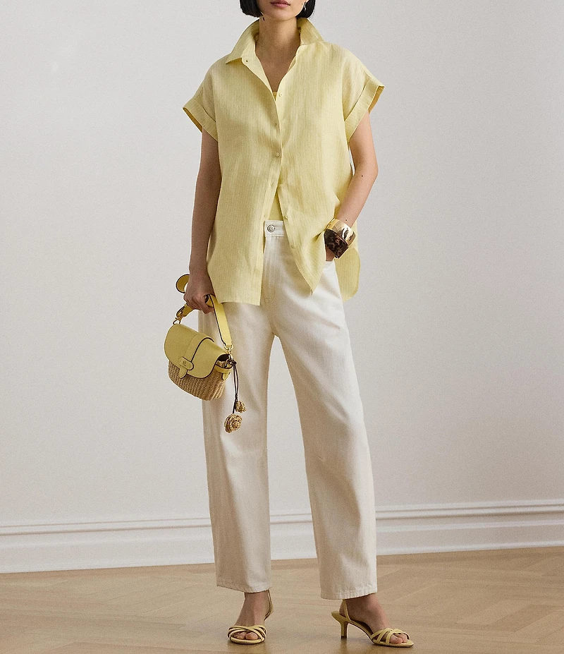 Lauren Ralph Lauren Linen Stripe Point Collar Short Sleeve Shirt