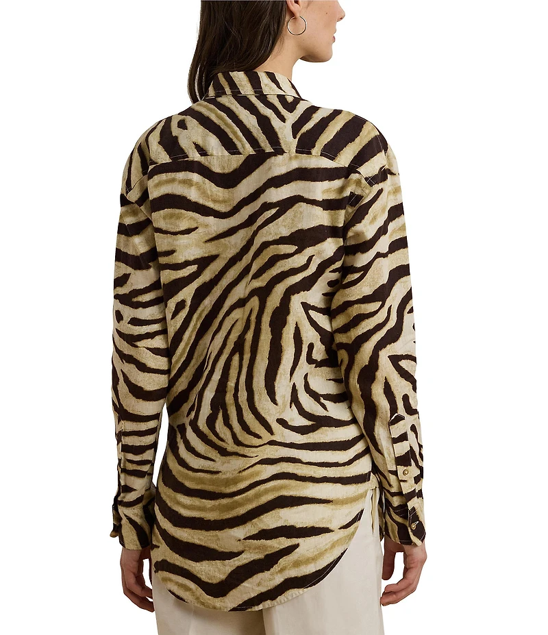 Lauren Ralph Lauren Linen Zebra Print Point Collar Long Sleeve Button-Front Shirt