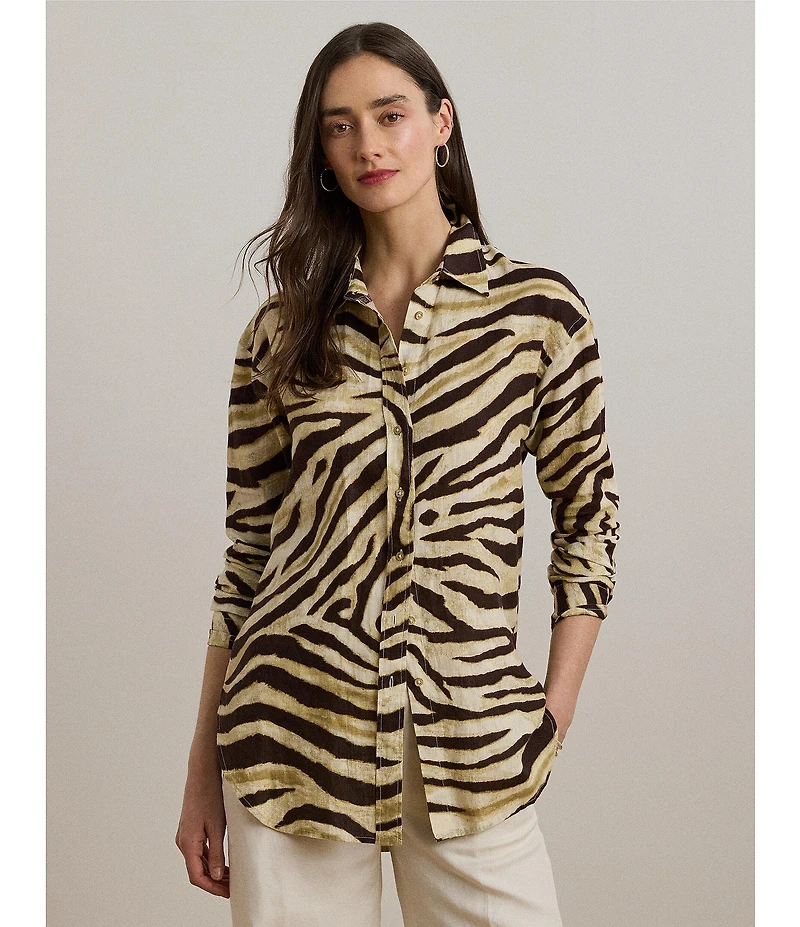 Lauren Ralph Lauren Linen Zebra Print Point Collar Long Sleeve Button-Front Shirt