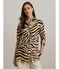 Lauren Ralph Lauren Linen Zebra Print Point Collar Long Sleeve Button-Front Shirt
