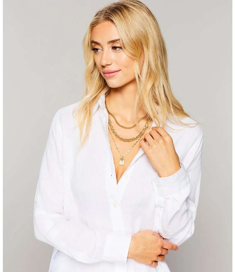 Lauren Ralph Lauren Point Collar Long Roll-Tab Sleeve Button Front Linen Shirt