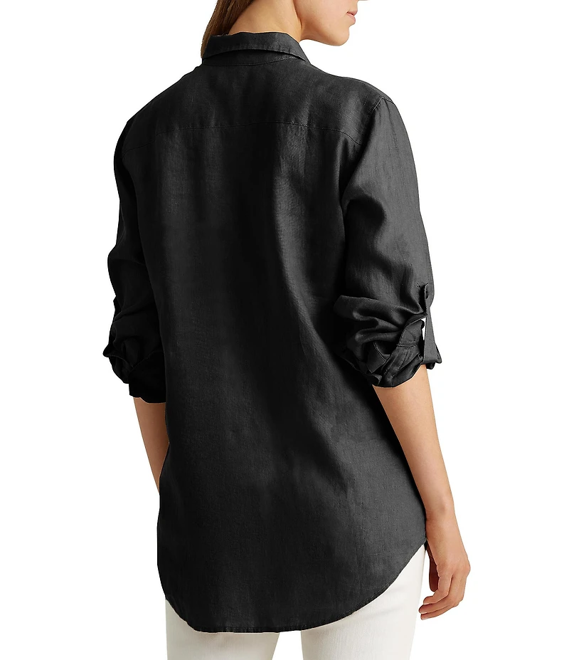 Lauren Ralph Lauren Point Collar Long Roll-Tab Sleeve Button Front Linen Shirt