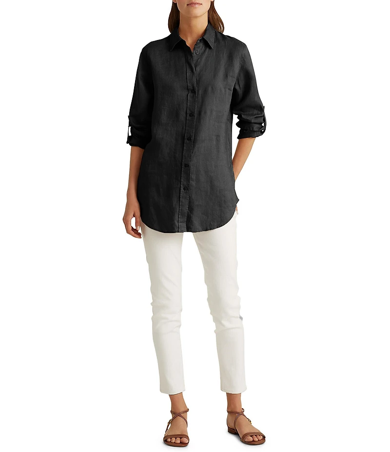 Lauren Ralph Lauren Point Collar Long Roll-Tab Sleeve Button Front Linen Shirt