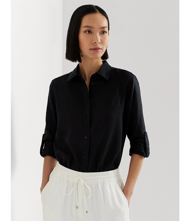 Lauren Ralph Lauren Point Collar Long Roll-Tab Sleeve Button Front Linen Shirt