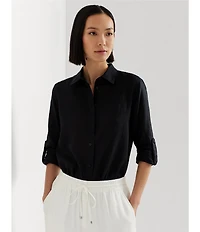 Lauren Ralph Lauren Point Collar Long Roll-Tab Sleeve Button Front Linen Shirt