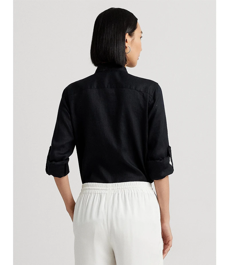 Lauren Ralph Lauren Point Collar Long Roll-Tab Sleeve Button Front Linen Shirt