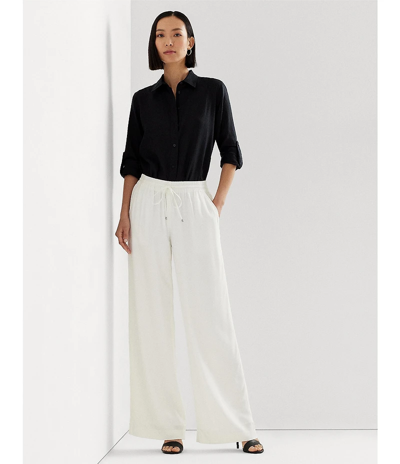Lauren Ralph Lauren Point Collar Long Roll-Tab Sleeve Button Front Linen Shirt