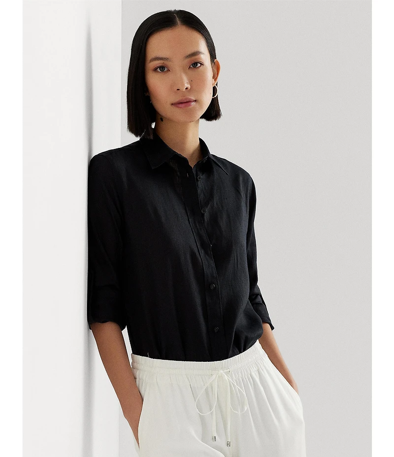 Lauren Ralph Lauren Point Collar Long Roll-Tab Sleeve Button Front Linen Shirt