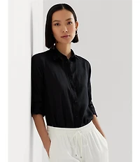 Lauren Ralph Lauren Point Collar Long Roll-Tab Sleeve Button Front Linen Shirt