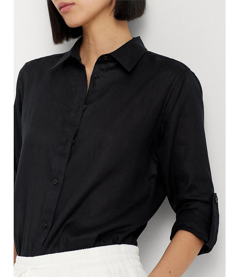 Lauren Ralph Lauren Point Collar Long Roll-Tab Sleeve Button Front Linen Shirt