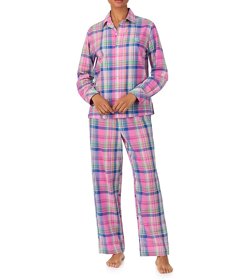 Lauren Ralph Lauren Long Roll-Tab Sleeve Notch Collar Long Woven Lawn Plaid Print Pajama Set