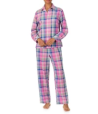 Lauren Ralph Lauren Long Roll-Tab Sleeve Notch Collar Long Woven Lawn Plaid Print Pajama Set