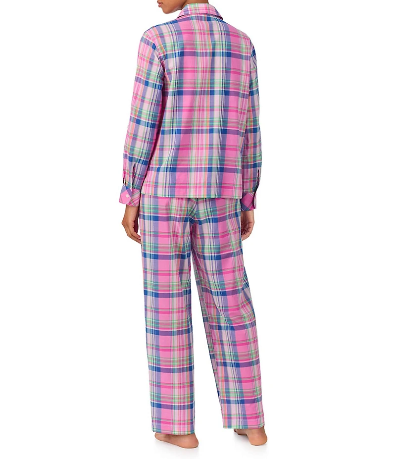Lauren Ralph Lauren Long Roll-Tab Sleeve Notch Collar Long Woven Lawn Plaid Print Pajama Set