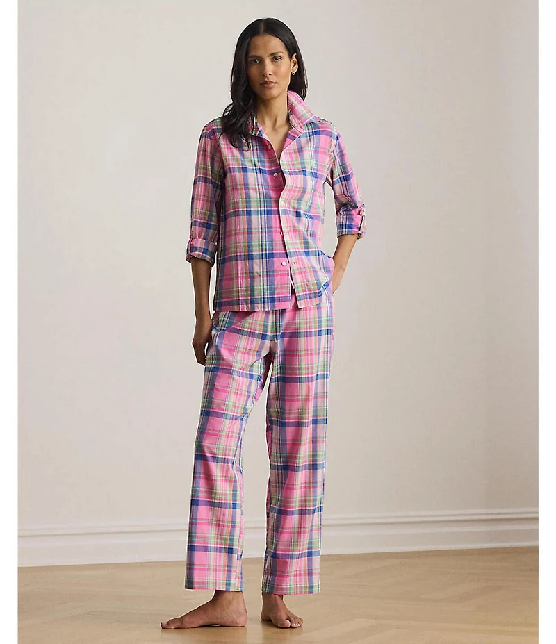 Lauren Ralph Lauren Long Roll-Tab Sleeve Notch Collar Long Woven Lawn Plaid Print Pajama Set