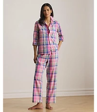Lauren Ralph Lauren Long Roll-Tab Sleeve Notch Collar Long Woven Lawn Plaid Print Pajama Set