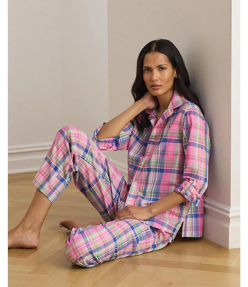 Lauren Ralph Lauren Long Roll-Tab Sleeve Notch Collar Long Woven Lawn Plaid Print Pajama Set