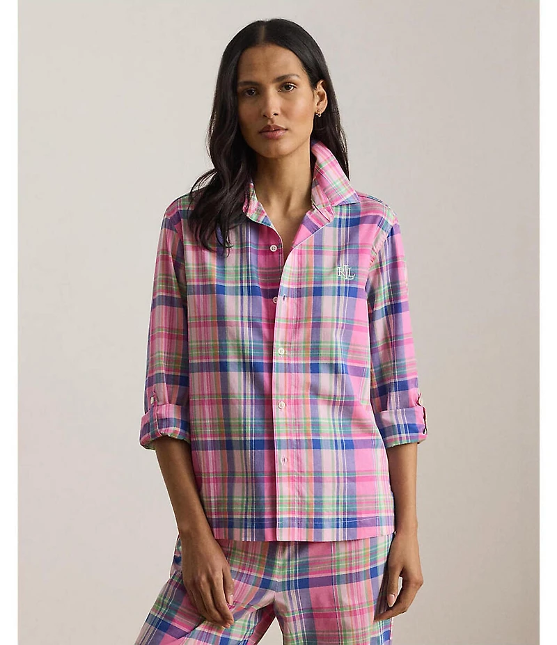 Lauren Ralph Lauren Long Roll-Tab Sleeve Notch Collar Long Woven Lawn Plaid Print Pajama Set