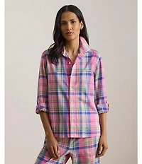 Lauren Ralph Lauren Long Roll-Tab Sleeve Notch Collar Long Woven Lawn Plaid Print Pajama Set