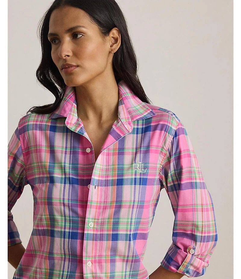 Lauren Ralph Lauren Long Roll-Tab Sleeve Notch Collar Long Woven Lawn Plaid Print Pajama Set