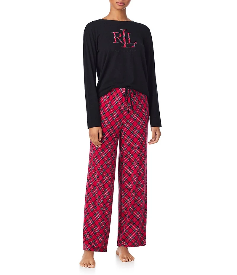 Lauren Ralph Lauren Long Sleeve Crew Neck Plaid Print Long Holiday Pajama Set
