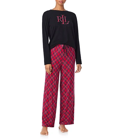 Lauren Ralph Lauren Long Sleeve Crew Neck Plaid Print Long Holiday Pajama Set