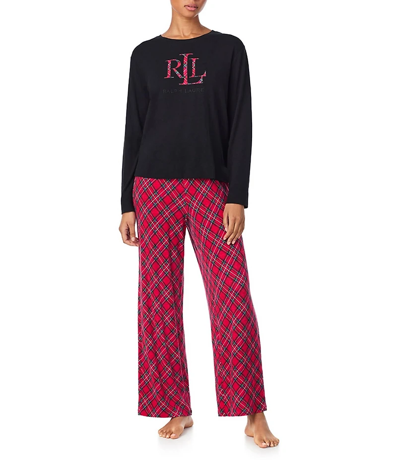 Lauren Ralph Lauren Long Sleeve Crew Neck Plaid Print Long Holiday Pajama Set