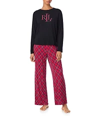 Lauren Ralph Lauren Long Sleeve Crew Neck Plaid Print Long Holiday Pajama Set