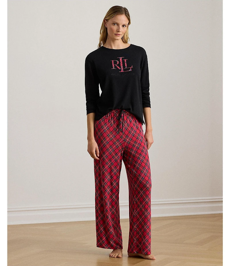Lauren Ralph Lauren Long Sleeve Crew Neck Plaid Print Long Holiday Pajama Set
