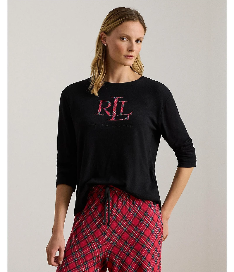 Lauren Ralph Lauren Long Sleeve Crew Neck Plaid Print Long Holiday Pajama Set
