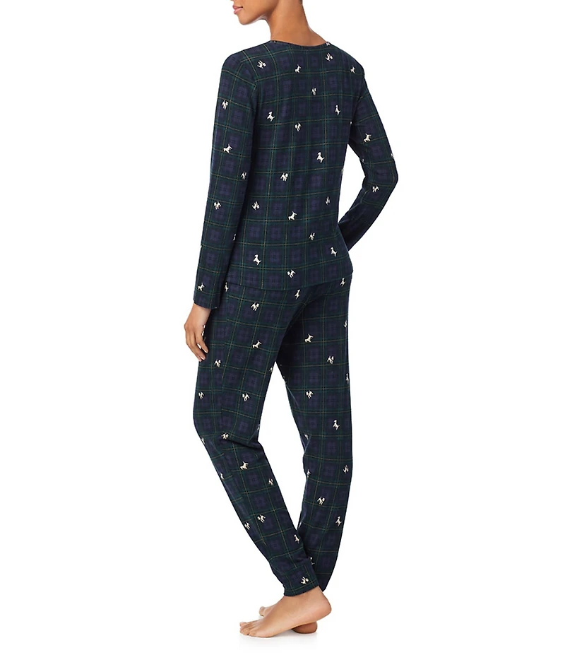 Lauren Ralph Lauren Long Sleeve Henley Neck Top & Jogger Holiday Plaid Print Pajama Set