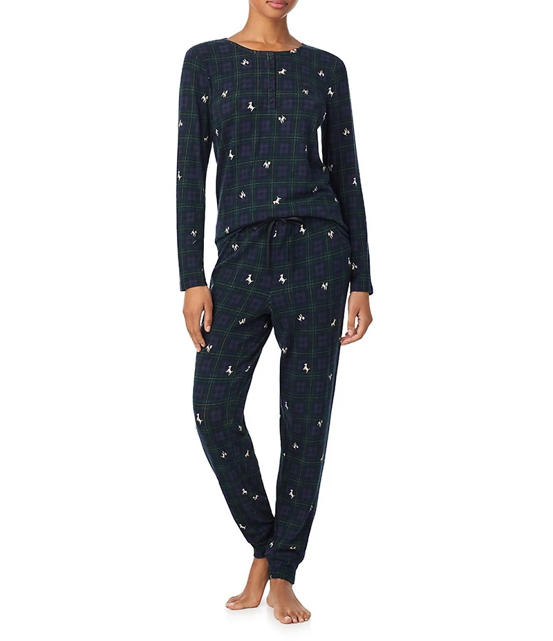 Lauren Ralph Lauren Long Sleeve Henley Neck Top & Jogger Holiday Plaid Print Pajama Set