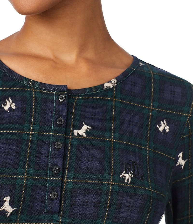 Lauren Ralph Lauren Long Sleeve Henley Neck Top & Jogger Holiday Plaid Print Pajama Set