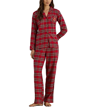Lauren Ralph Lauren Long Sleeve Notch Collar Brushed Twill Plaid Holiday Pajama Set