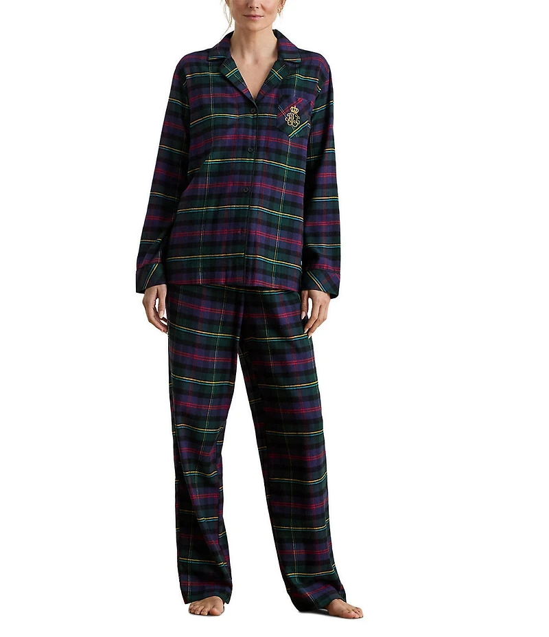 Lauren Ralph Lauren Long Sleeve Notch Collar Brushed Twill Plaid Holiday Pajama Set