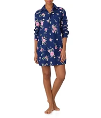 Lauren Ralph Lauren Long Sleeve Notch Collar Button Front Floral Print Woven Lawn Sleepshirt
