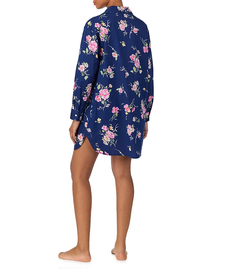 Lauren Ralph Lauren Long Sleeve Notch Collar Button Front Floral Print Woven Lawn Sleepshirt