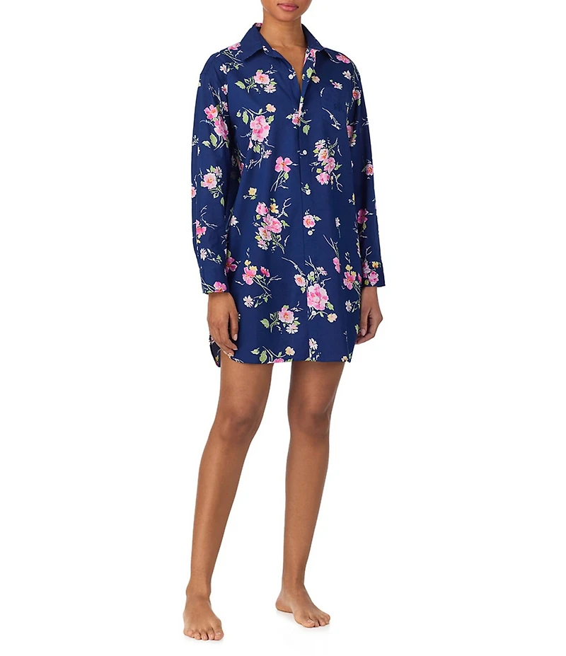 Lauren Ralph Lauren Long Sleeve Notch Collar Button Front Floral Print Woven Lawn Sleepshirt