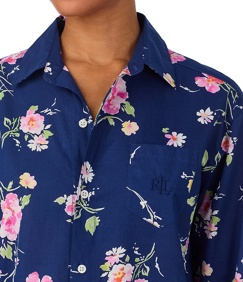 Lauren Ralph Lauren Long Sleeve Notch Collar Button Front Floral Print Woven Lawn Sleepshirt