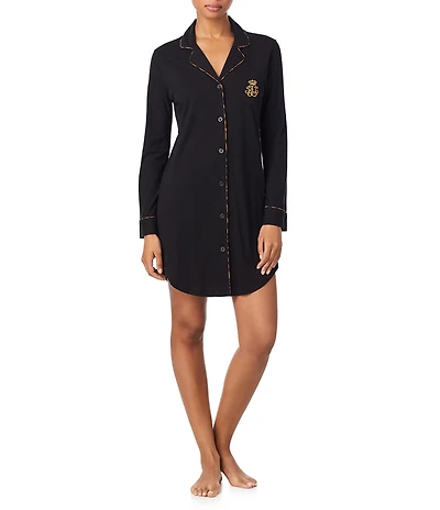 Lauren Ralph Lauren Long Sleeve Notch Collar Button-Front Knit Sleepshirt