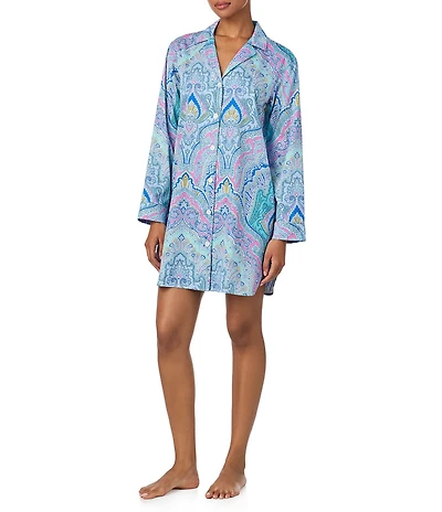 Lauren Ralph Lauren Long Sleeve Notch Collar Button Front Multi Paisley Sateen Sleepshirt