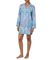 Lauren Ralph Lauren Long Sleeve Notch Collar Button Front Multi Paisley Sateen Sleepshirt