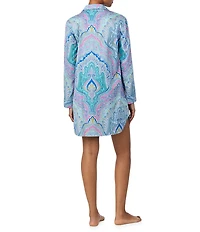Lauren Ralph Lauren Long Sleeve Notch Collar Button Front Multi Paisley Sateen Sleepshirt