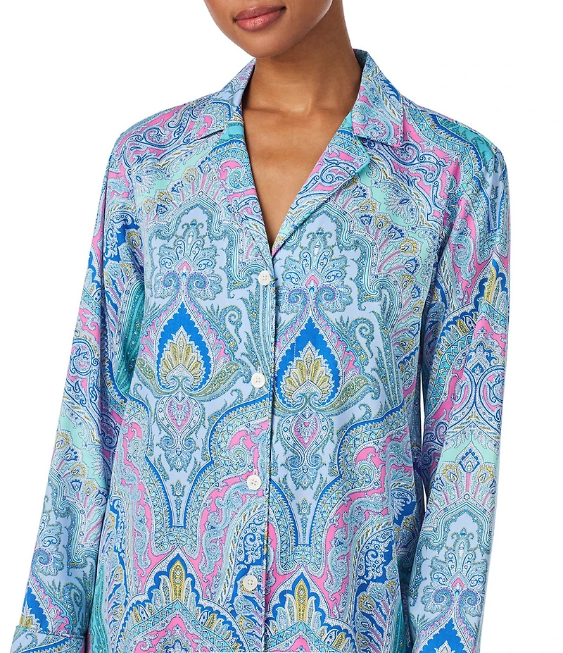 Lauren Ralph Lauren Long Sleeve Notch Collar Button Front Multi Paisley Sateen Sleepshirt