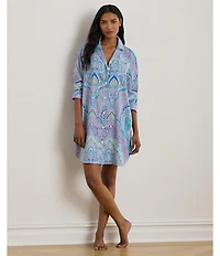 Lauren Ralph Lauren Long Sleeve Notch Collar Button Front Multi Paisley Sateen Sleepshirt