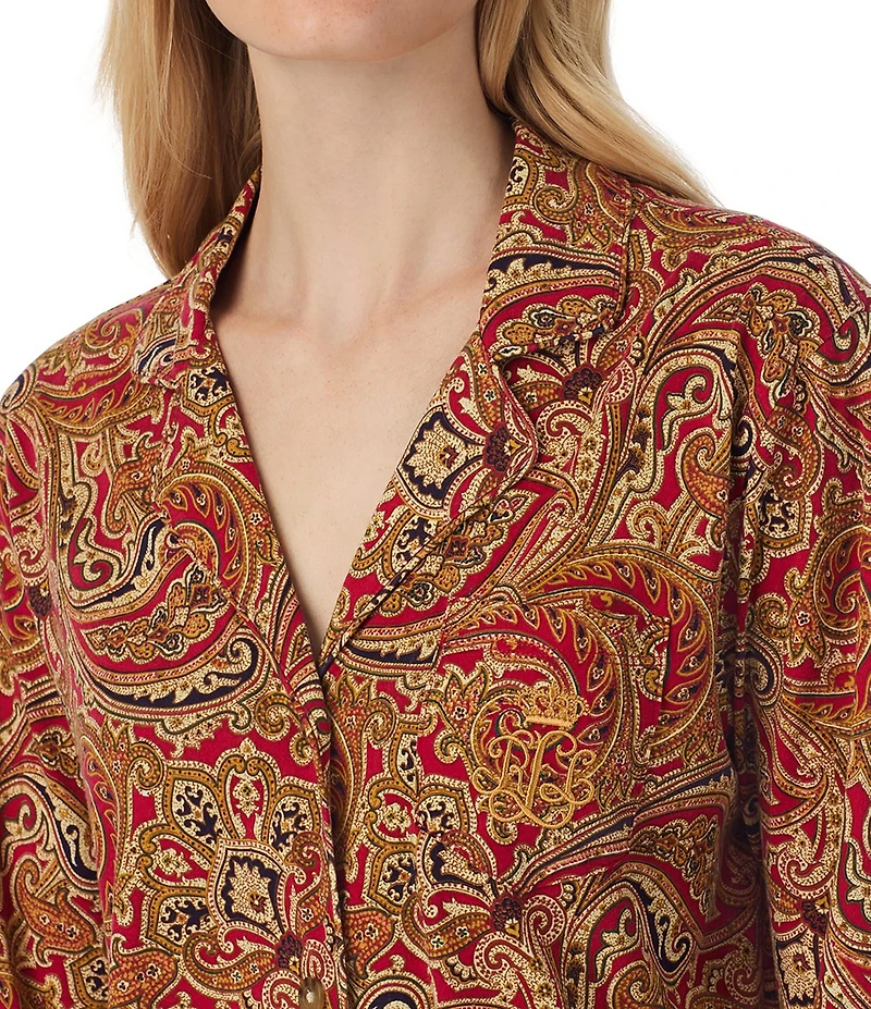 Lauren Ralph Lauren Long Sleeve Notch Collar Button-Front Paisley Print Knit Sleepshirt