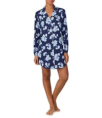 Lauren Ralph Lauren Long Sleeve Notch Collar Jersey Knit Button Front Floral Print Sleepshirt
