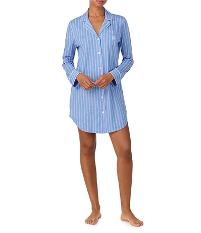 Lauren Ralph Lauren Long Sleeve Notch Collar Jersey Knit Button-Front Striped Sleepshirt
