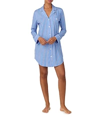 Lauren Ralph Lauren Long Sleeve Notch Collar Jersey Knit Button-Front Striped Sleepshirt