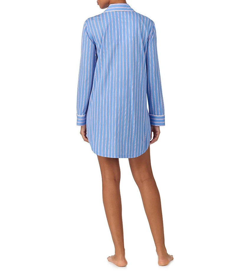 Lauren Ralph Lauren Long Sleeve Notch Collar Jersey Knit Button-Front Striped Sleepshirt